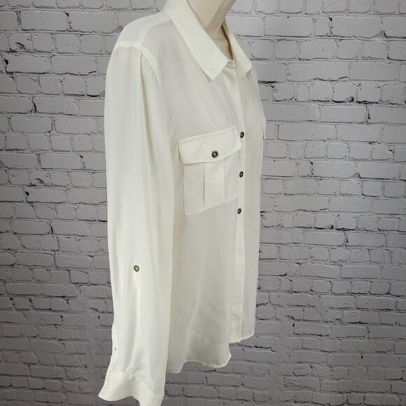 Chico's Ivory White Semi Sheer Button Up Roll Tab Long Sleeve Shirt Top 2 US 12 - Picture 14 of 14